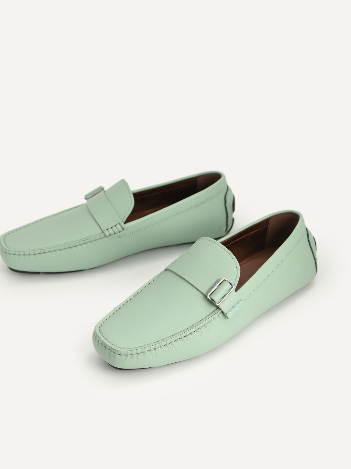 Leather Moccasins with Buckle Detail, Light Green, hi-res