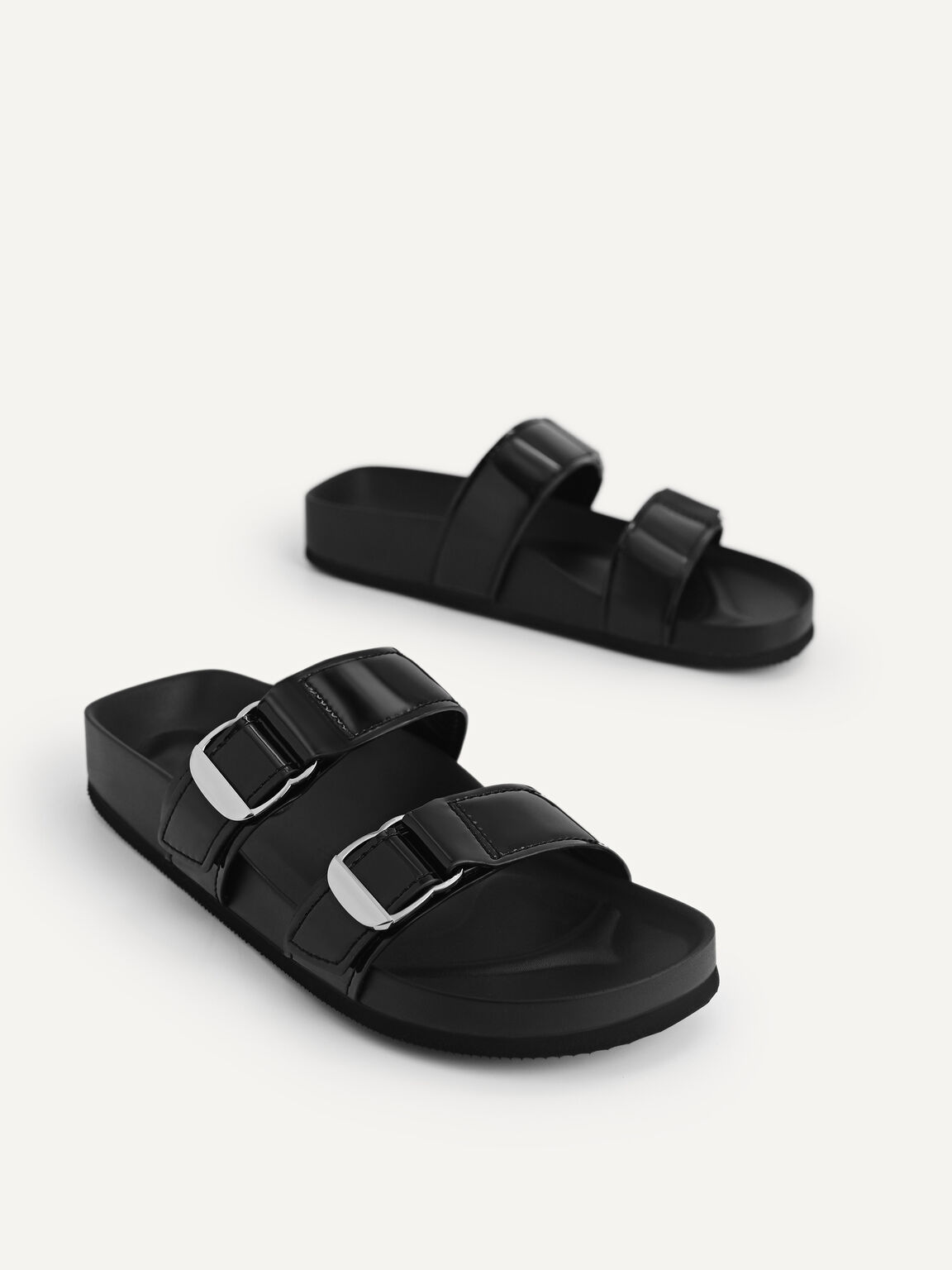 Patent Double Strap Sandals, Black, hi-res