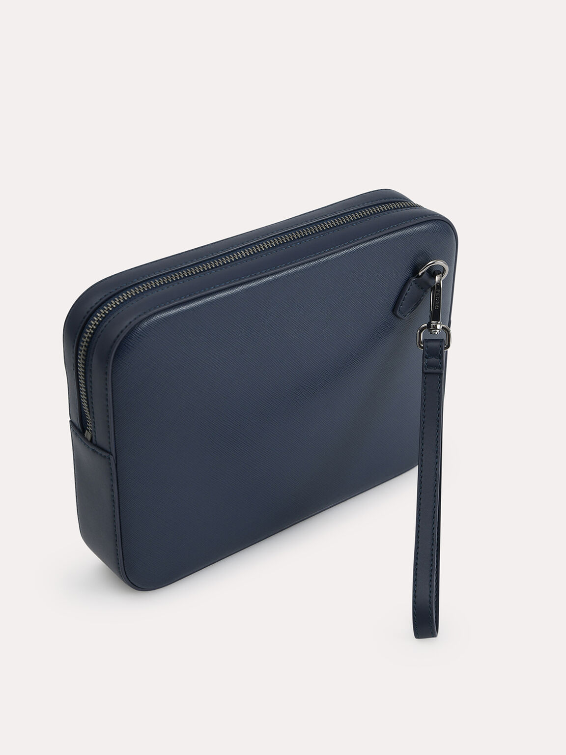 Textured Leather Clutch with Wristlet, Navy
