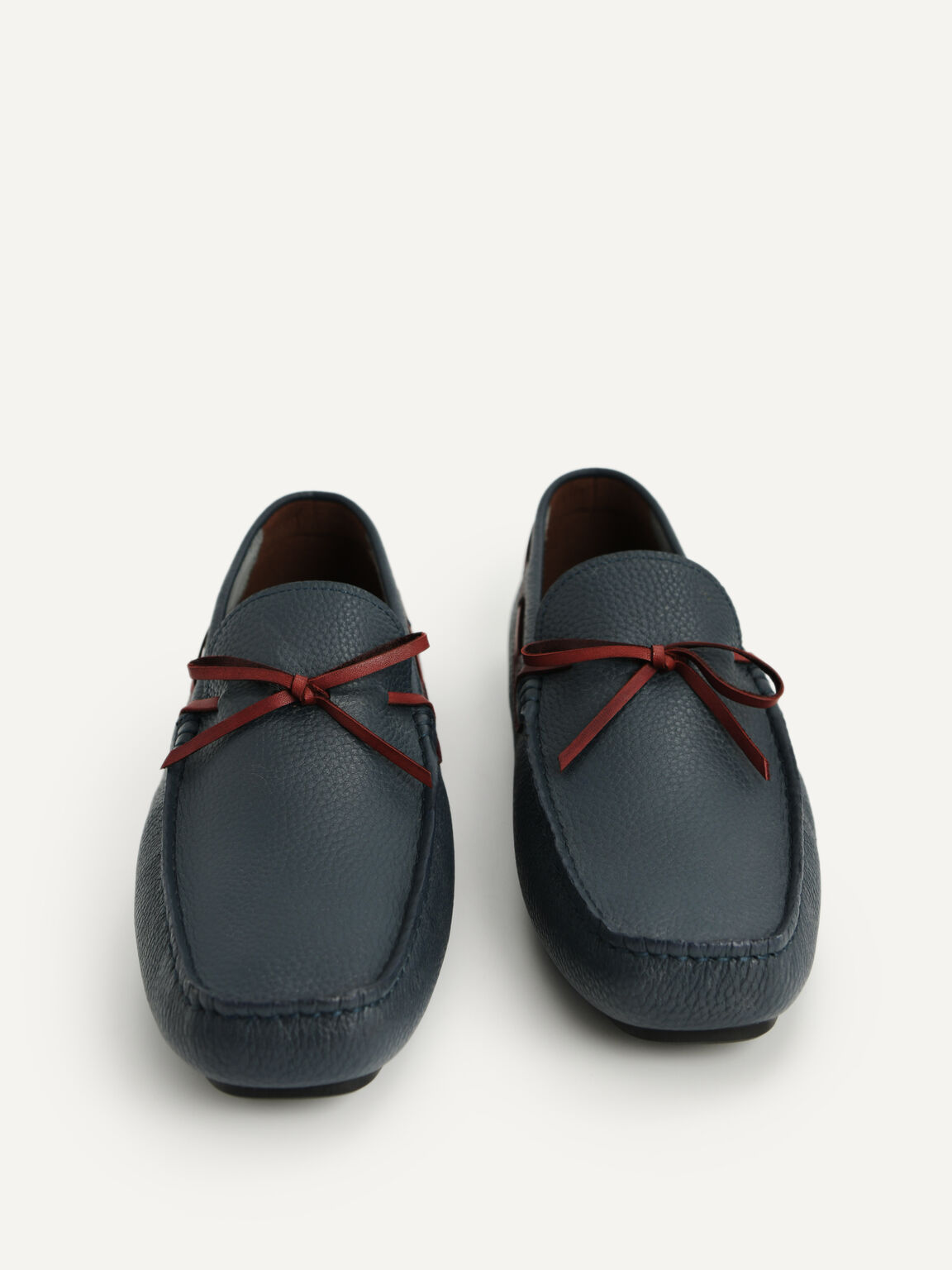 Textured Leather Moccasins with Bow, Navy
