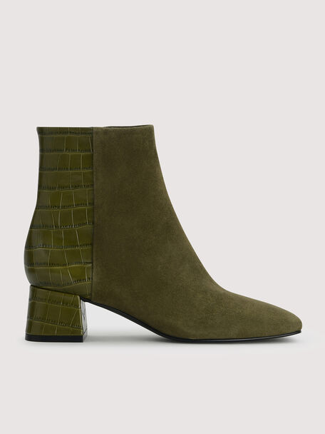 Croc-Effect Suede Leather Ankle Boots, Olive