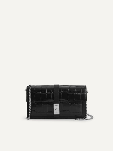 Leather Croc-Effect Wallet Bag, Black