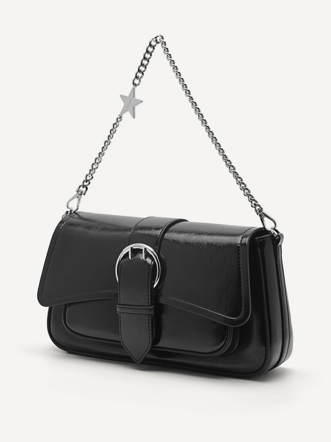 Buckle Shoulder Bag with Chain Detail, Black