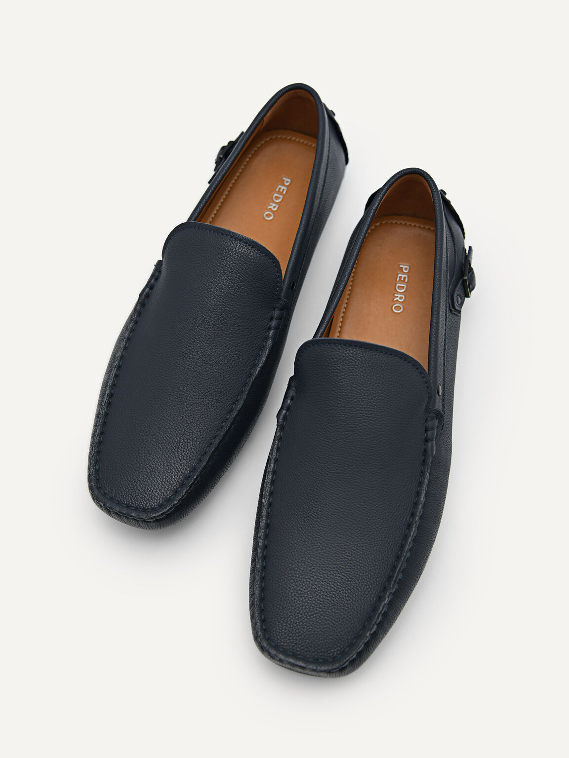 Leather Driving Moccassins with Side Buckle, Navy