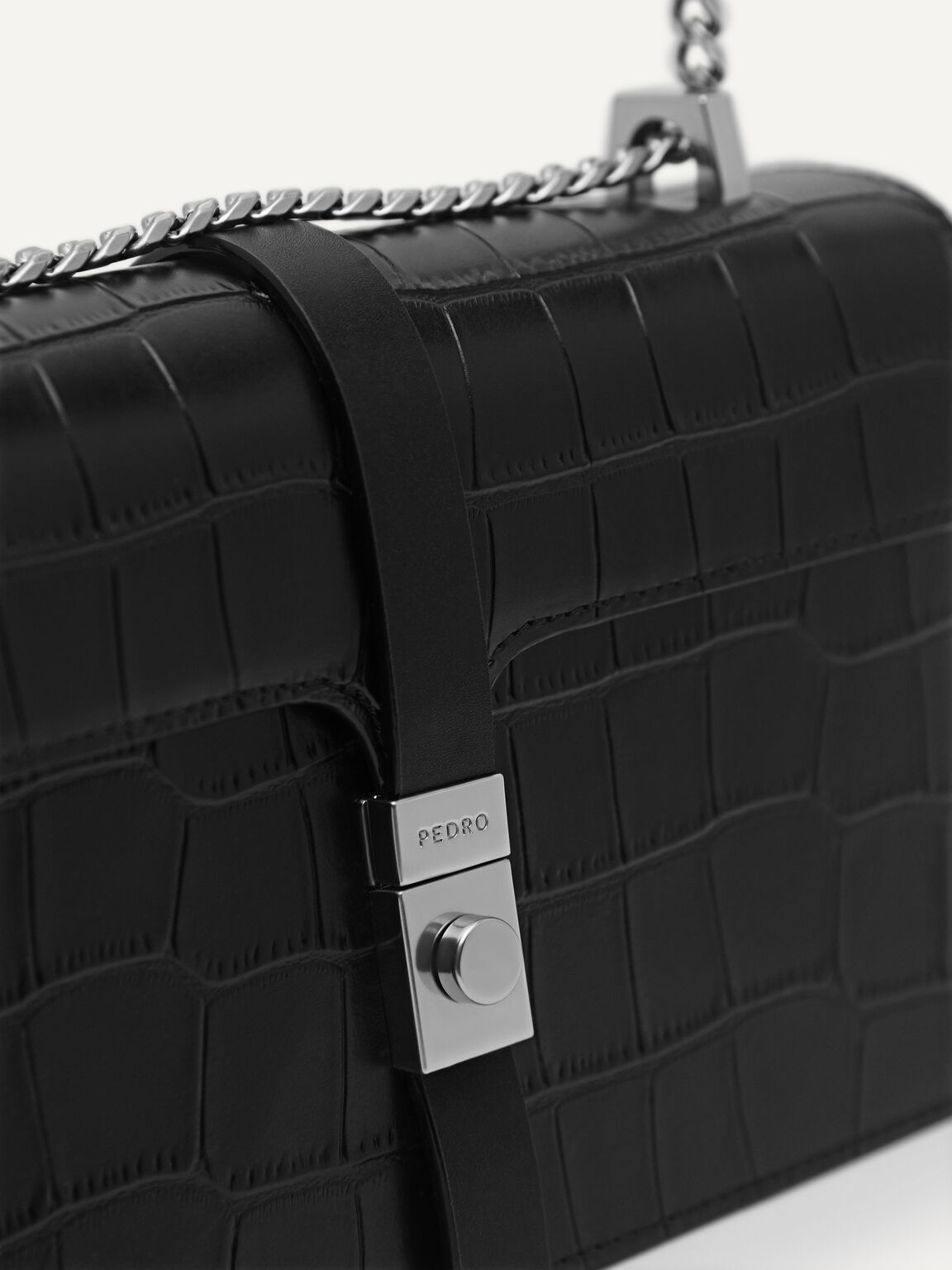 Leather Croc-Effect Shoulder Bag, Black