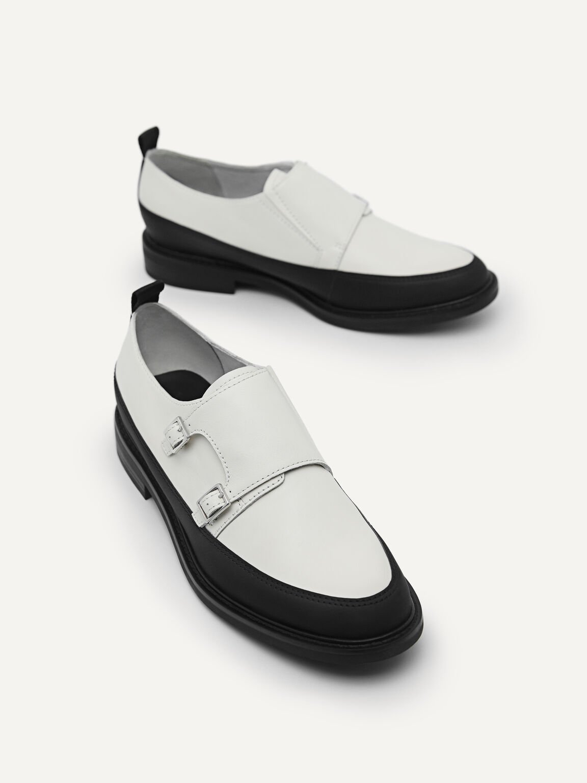 Double Buckle Leather Loafers, Chalk