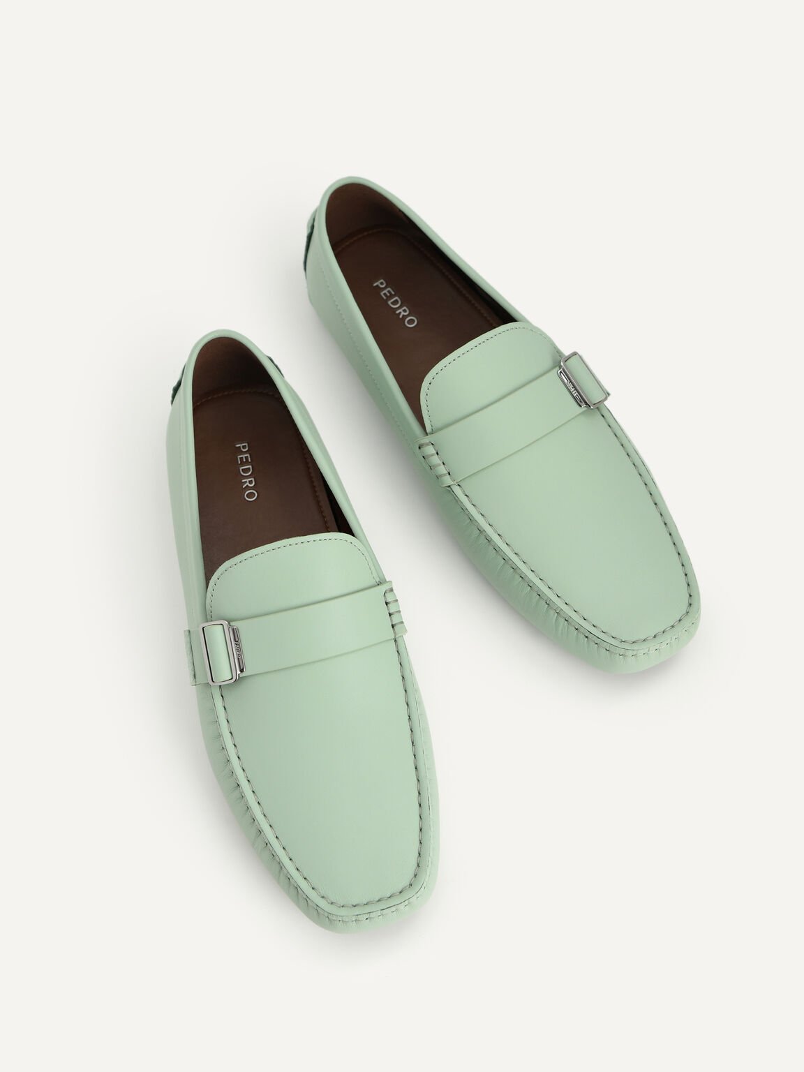 Leather Moccasins with Buckle Detail, Light Green, hi-res