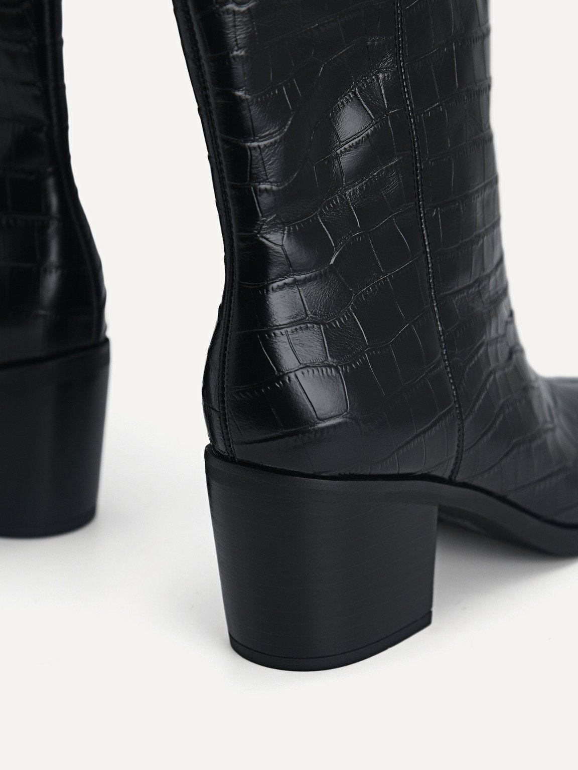 Croc-Effect Leather Ankle Boots, Black