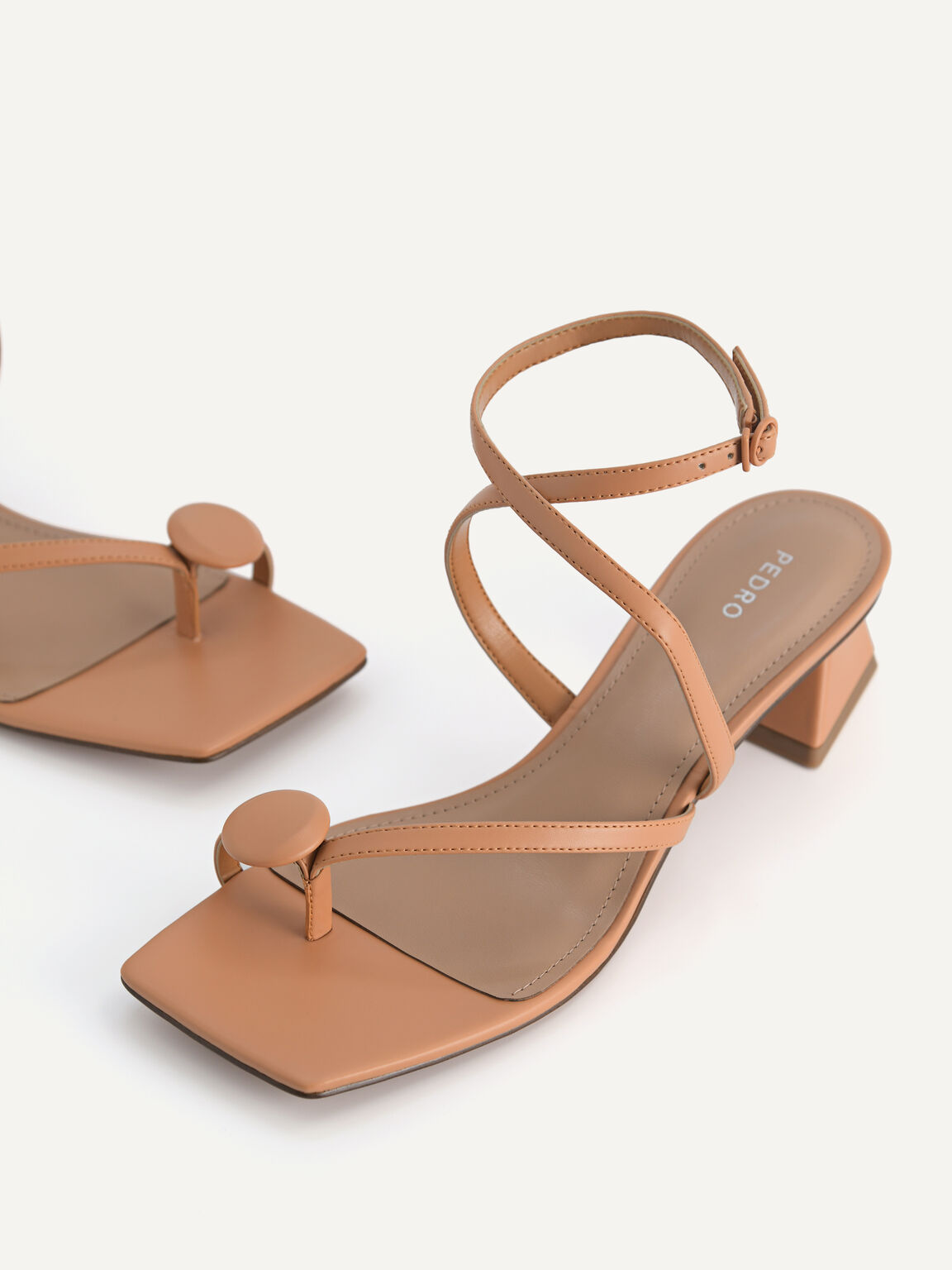 Strappy Toe-Loop Heeled Sandals, Camel