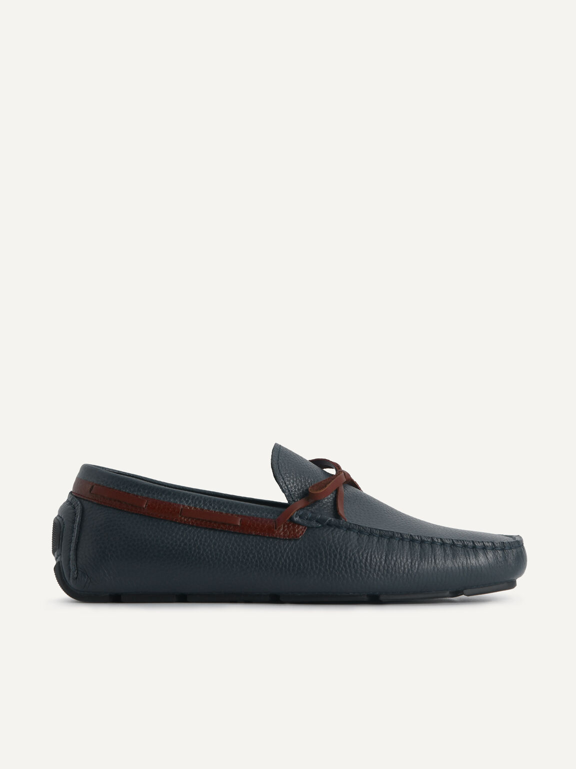 Textured Leather Moccasins with Bow, Navy