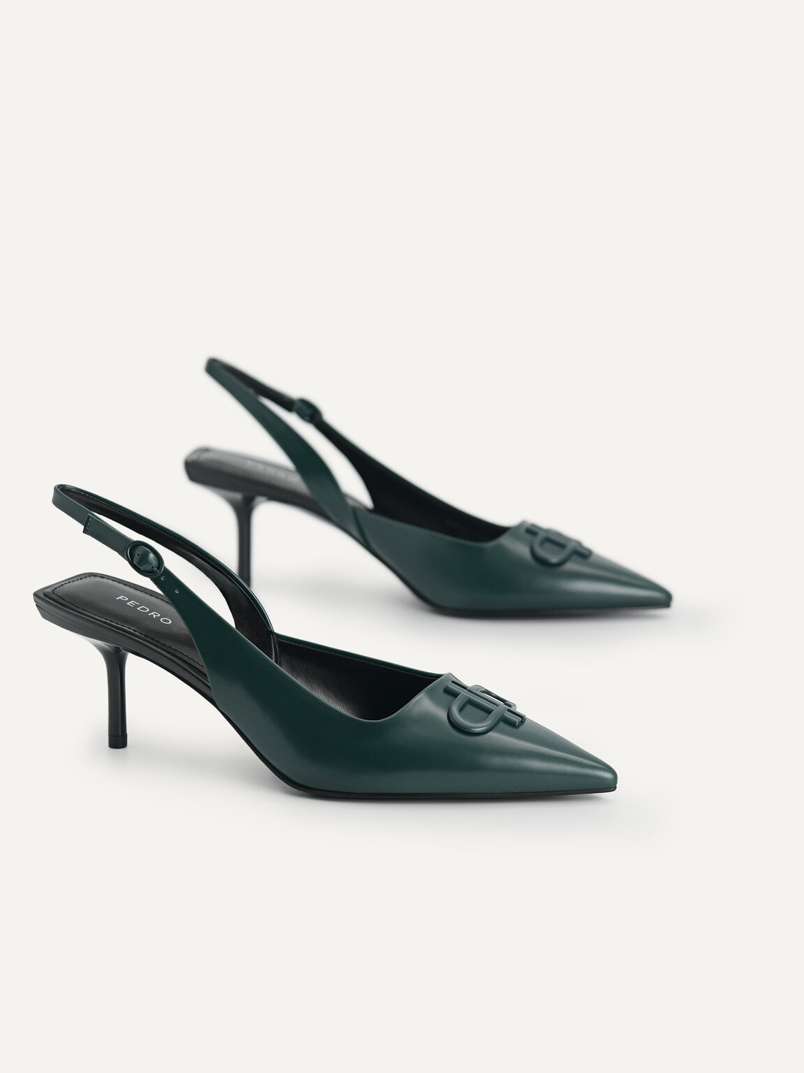 Icon Leather Pointed Toe Slingback Heels, Dark Green, hi-res
