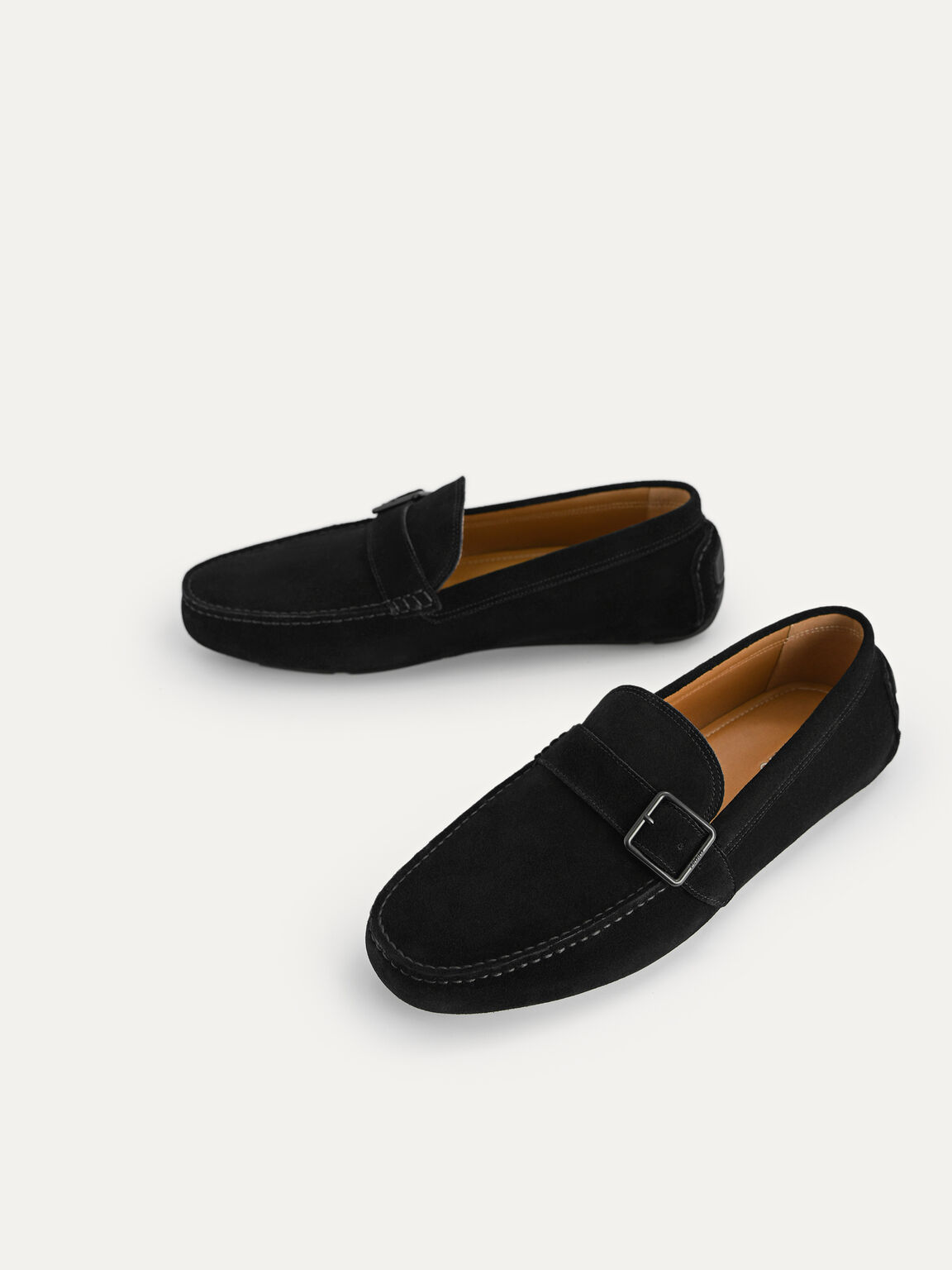 Suede Leather Moccasins with Buckle Detailing, Black