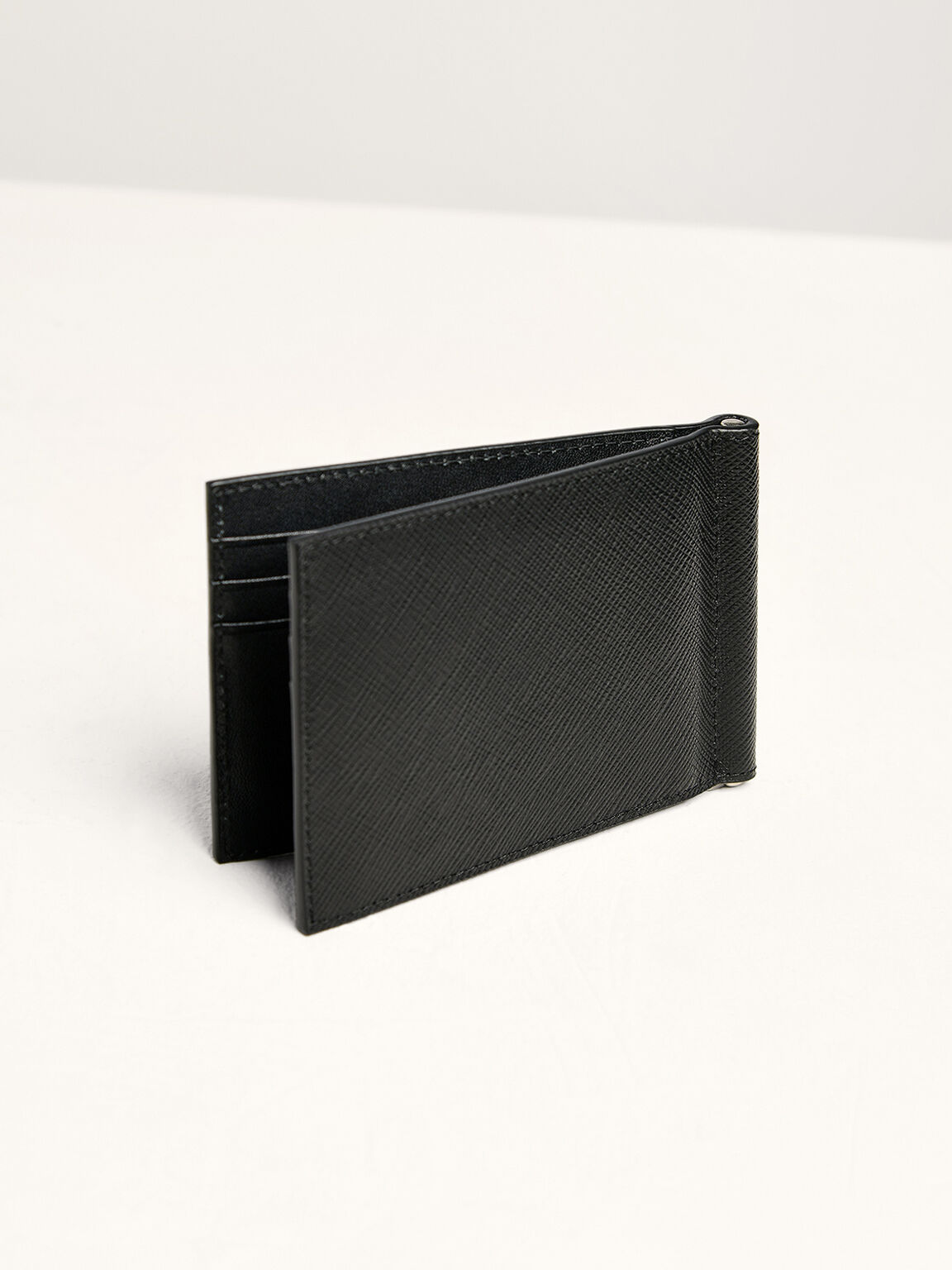 皮革雙折錢夾卡包, 黑色