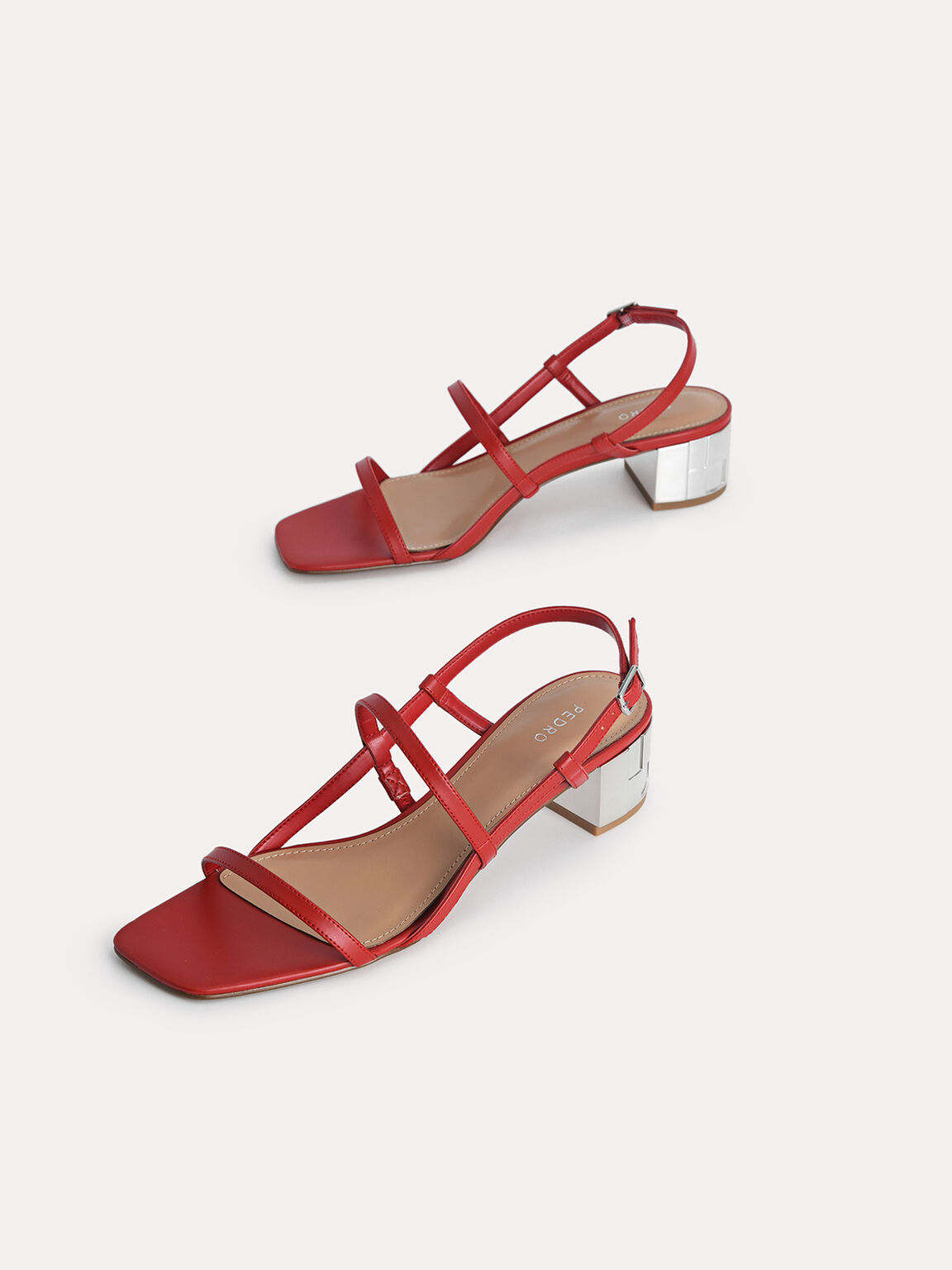 Square-Toe Caged Heeled Sandals, Red