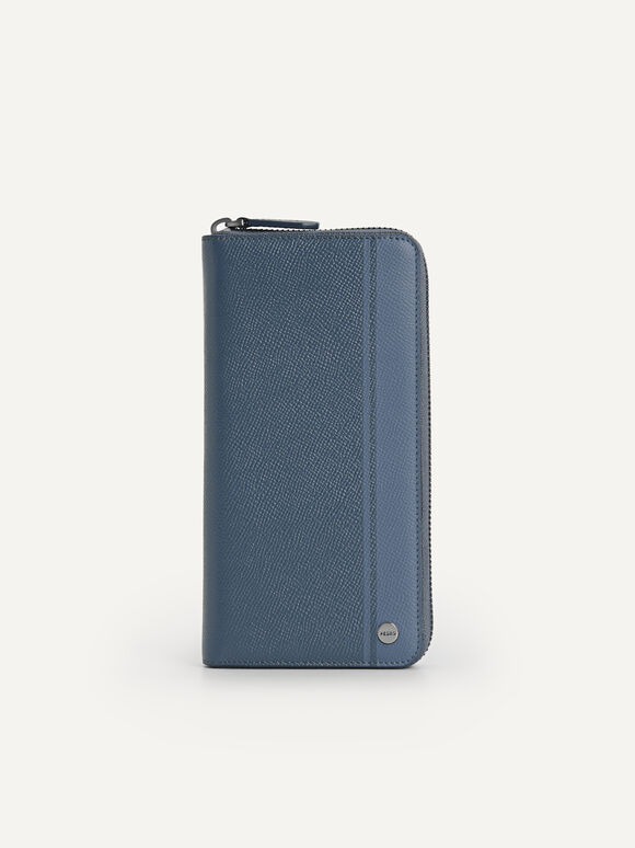 Long Textured Leather Wallet, Slate Blue