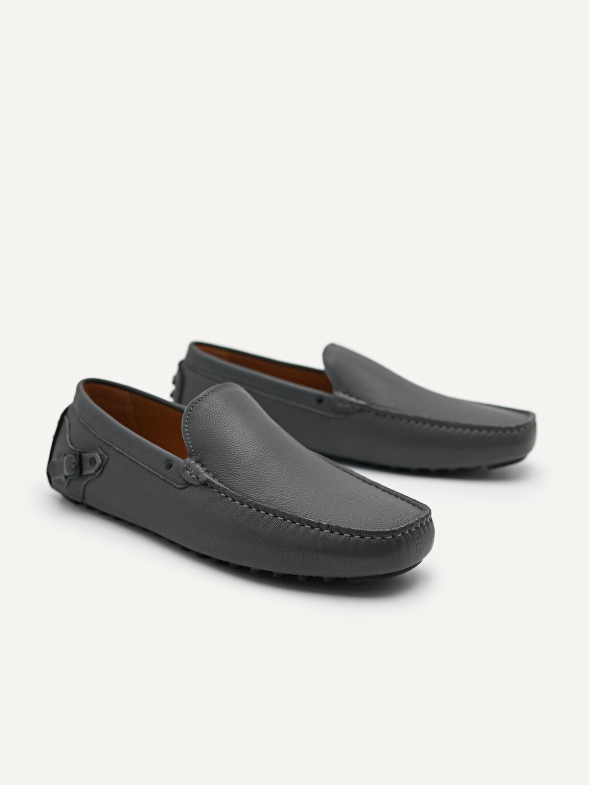 Leather Driving Moccassins with Side Buckle, Dark Grey