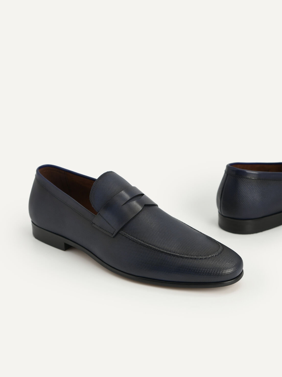 Textured Leather Penny Loafers, Navy
