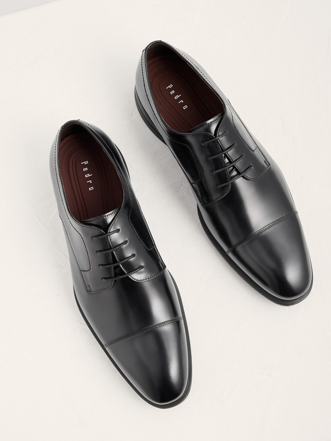 Lightweight Leather Cap Toe Derby Shoes, Black