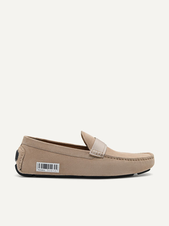 Suede Barcode Driving Moccassins, Sand