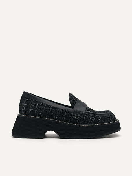 Tweed Platform Loafers, Black