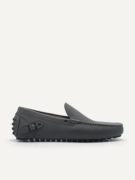 Leather Driving Moccassins with Side Buckle, Dark Grey