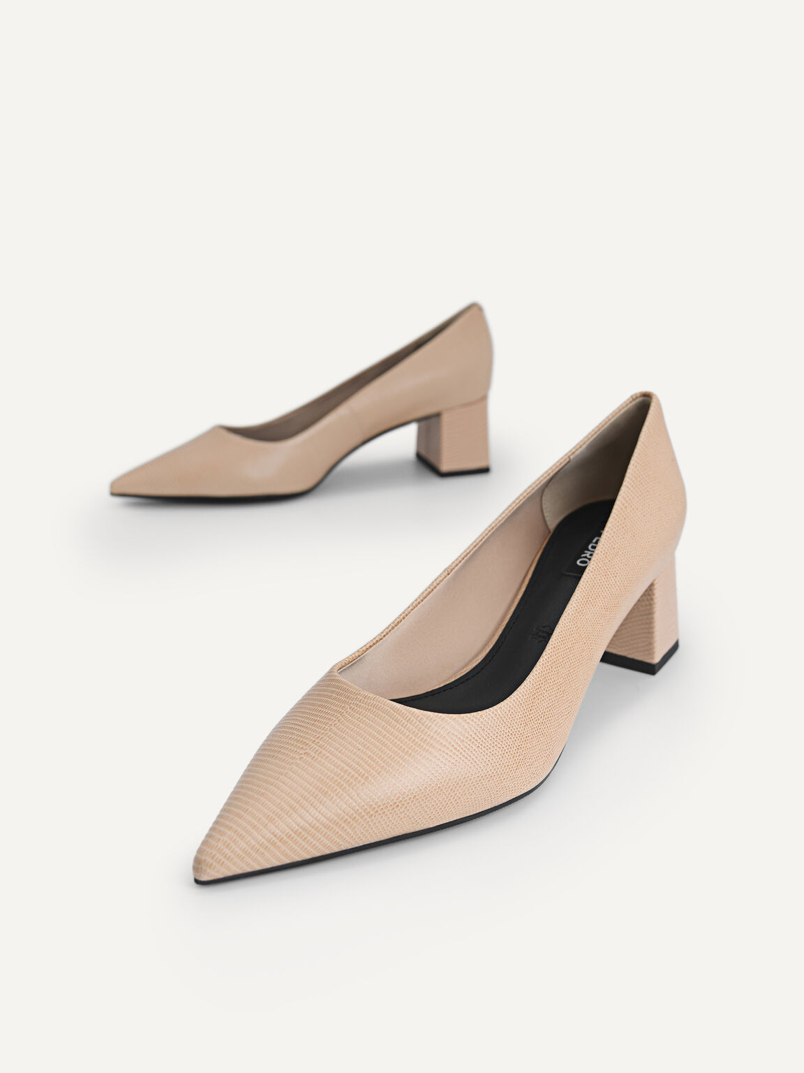 Lizard-Effect Leather Pointed Toe Pumps, Nude