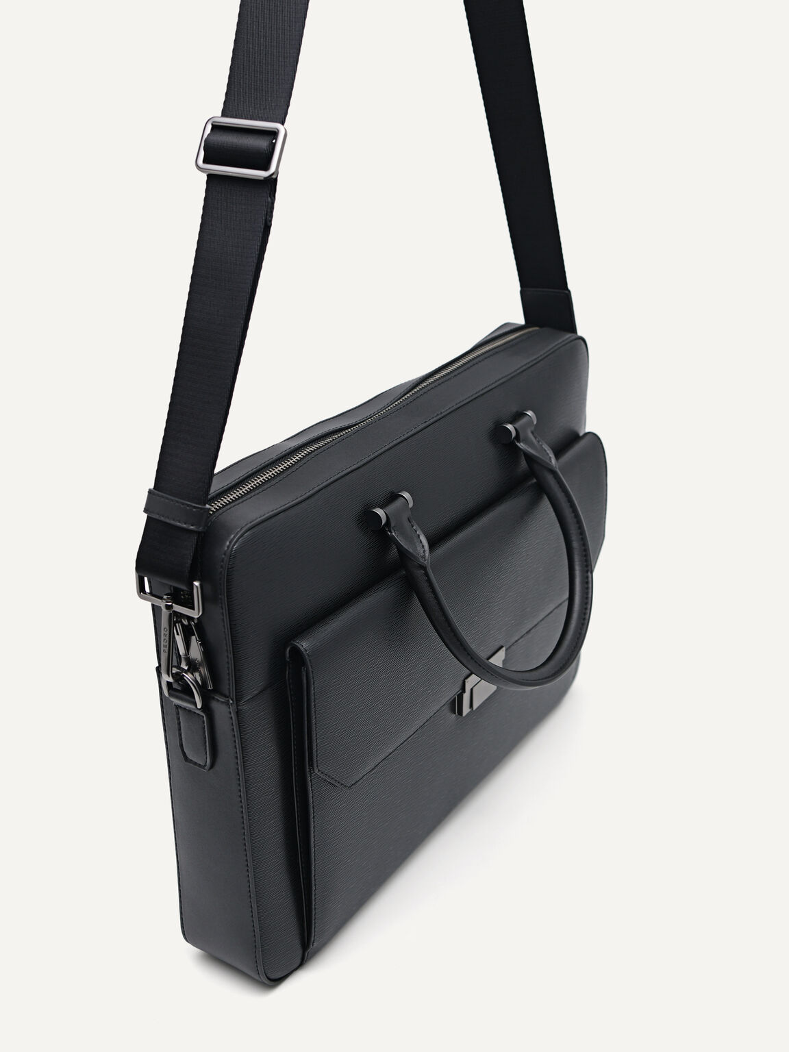 Textured Leather Briefcase, Black, hi-res