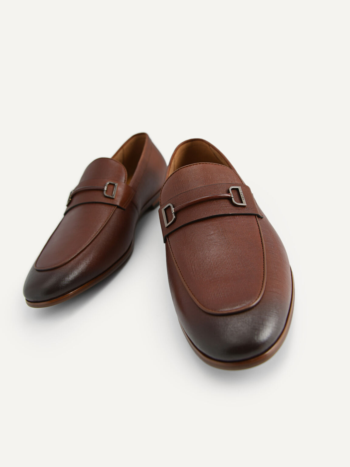 Textured Leather Loafers with Metal Bit, Cognac
