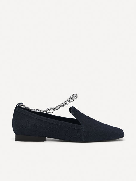 Vanessa Denim Chain-Strap Loafers, Navy