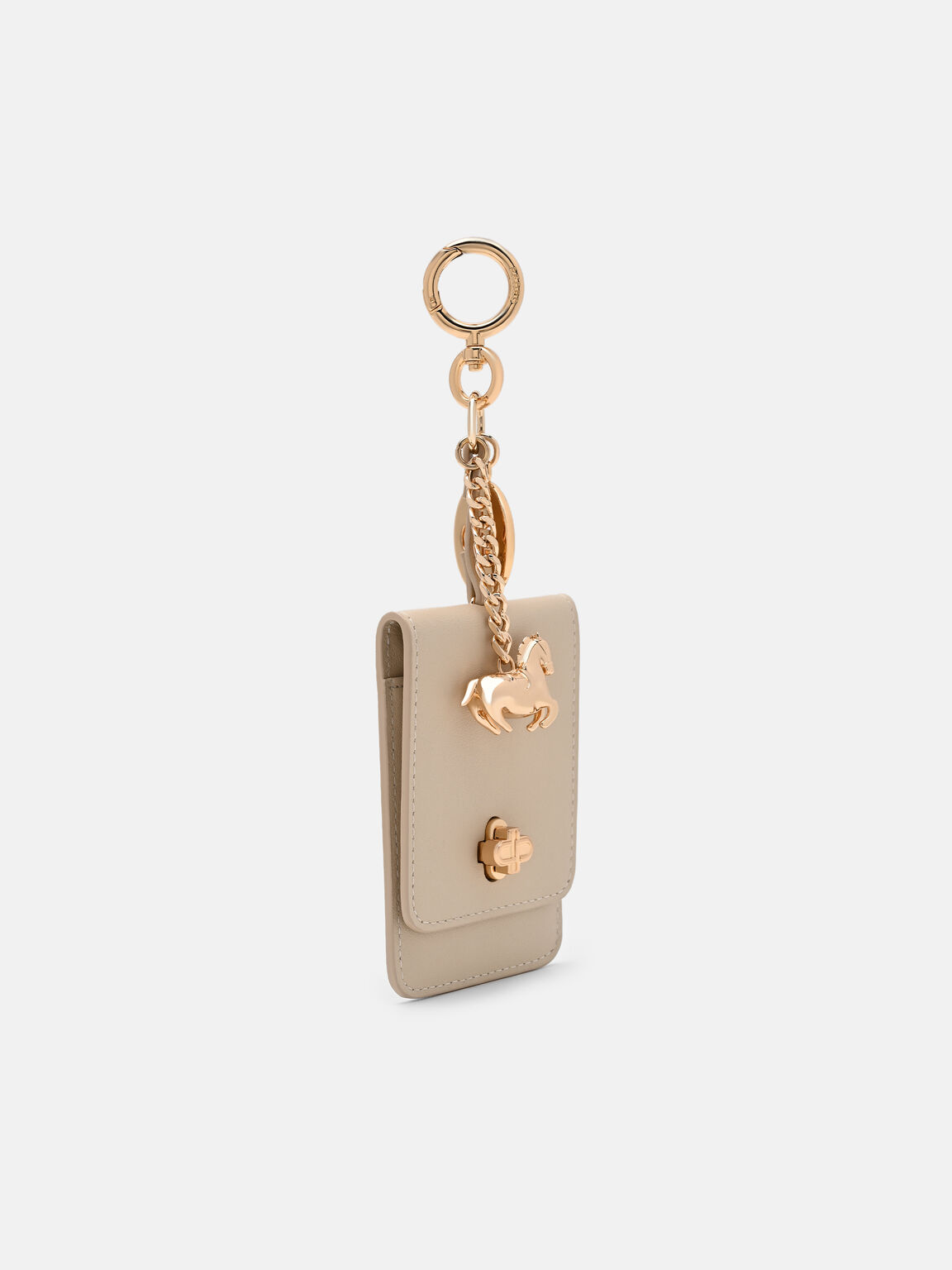 Horse Charm Leather Card Holder, Beige