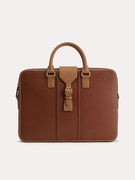 Textured Leather Briefcase, Cognac