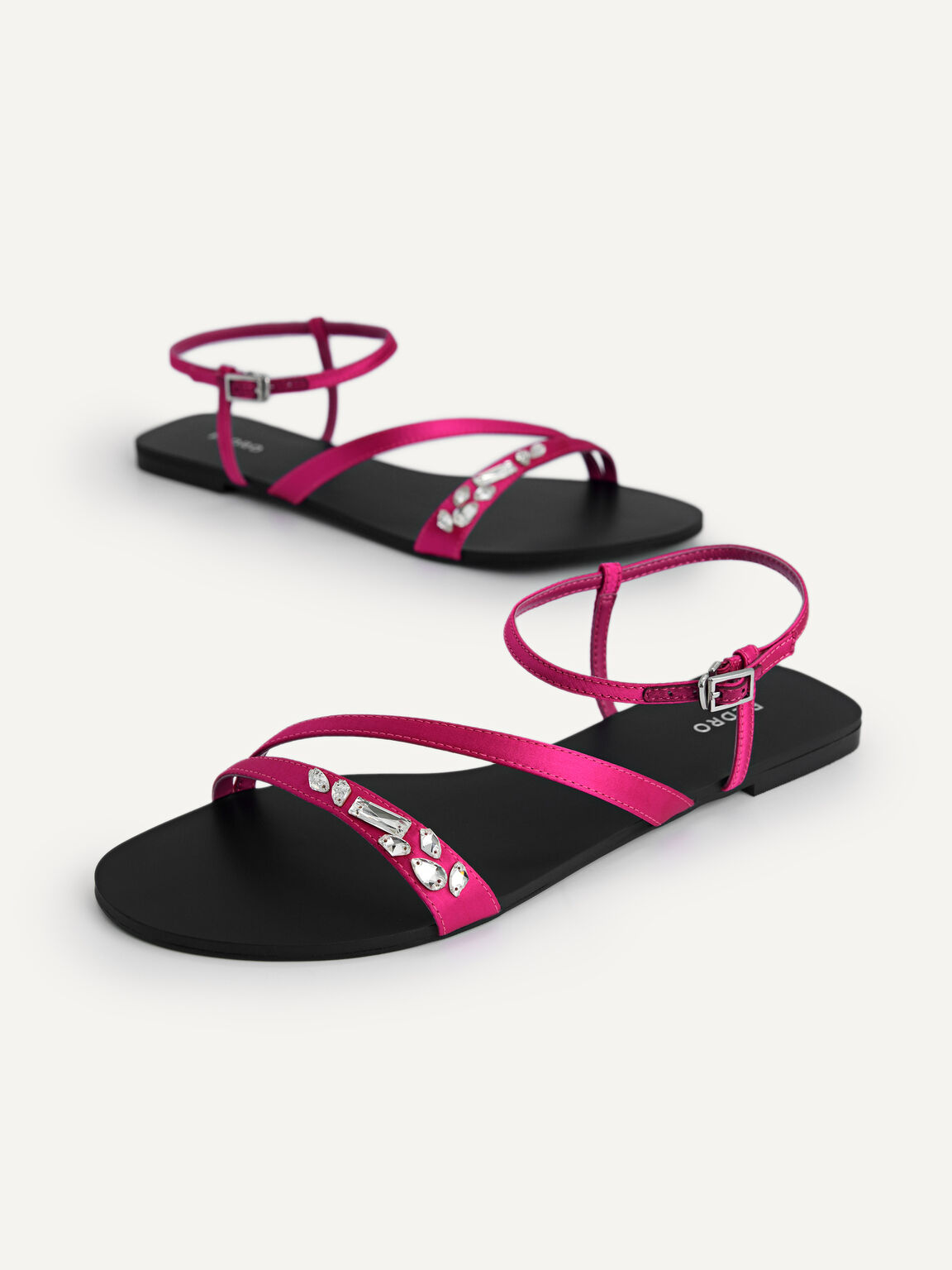 Embellished Satin Strappy Sandals, Fuchsia
