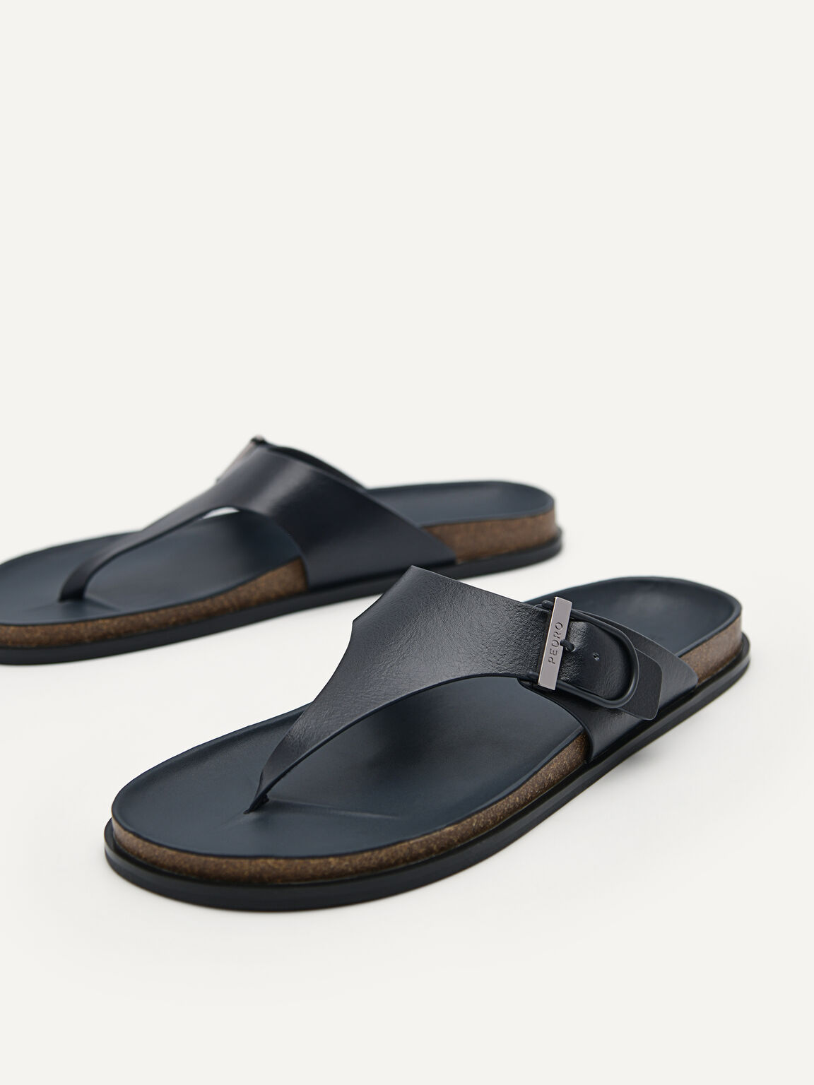 Synthetic Leather Thong Sandals, Navy