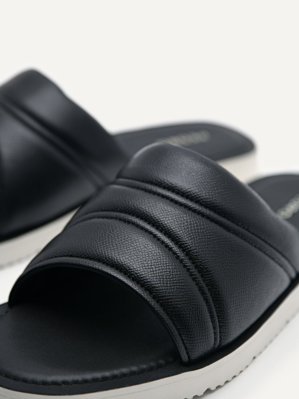 Ribbed Plush Synthetic Leather Slides, Black