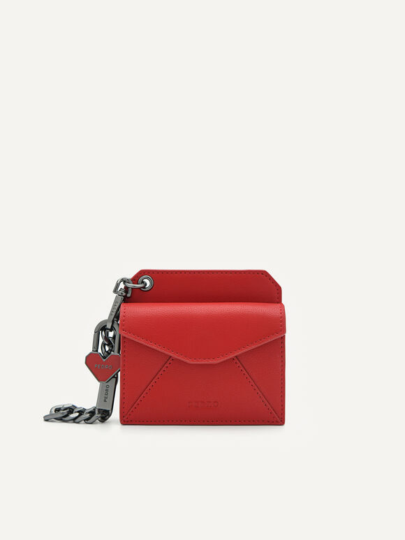Leather Bi-Fold Card Holder with Key Chain, Red