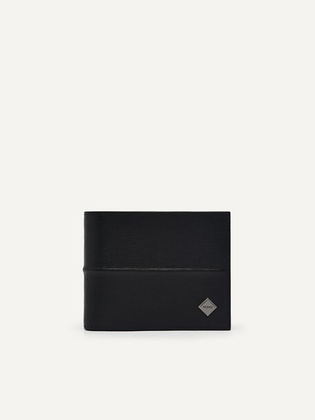 帶內袋壓紋雙折疊錢包, 黑色