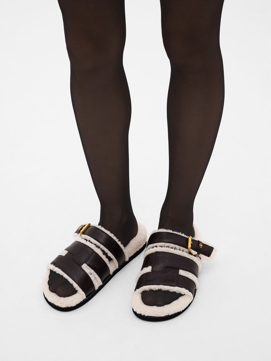 Iza Faux Shearling Leather Sandals, Dark Brown Fur