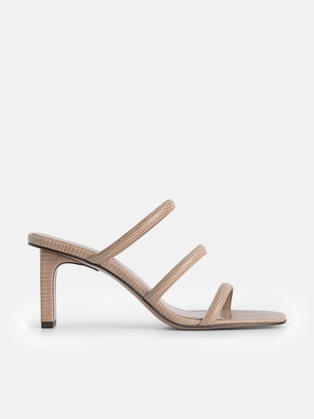 Strappy Heel Lizard-Effect Sandals, Taupe