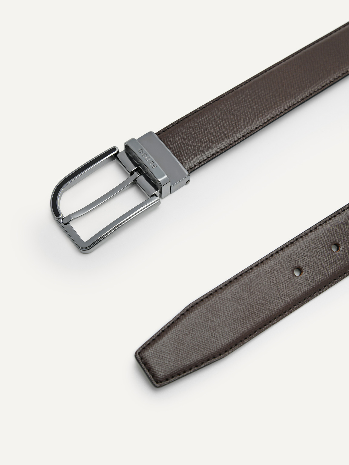 Embossed Leather Reversible Pin Belt, Dark Brown