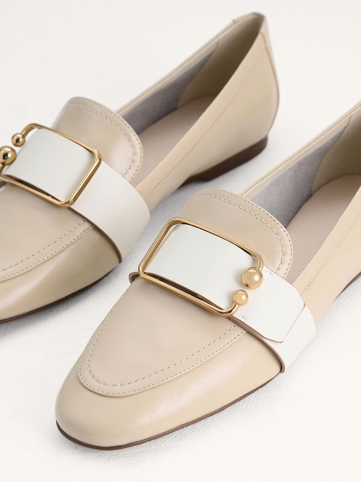 Buckle Leather Loafers, Beige, hi-res