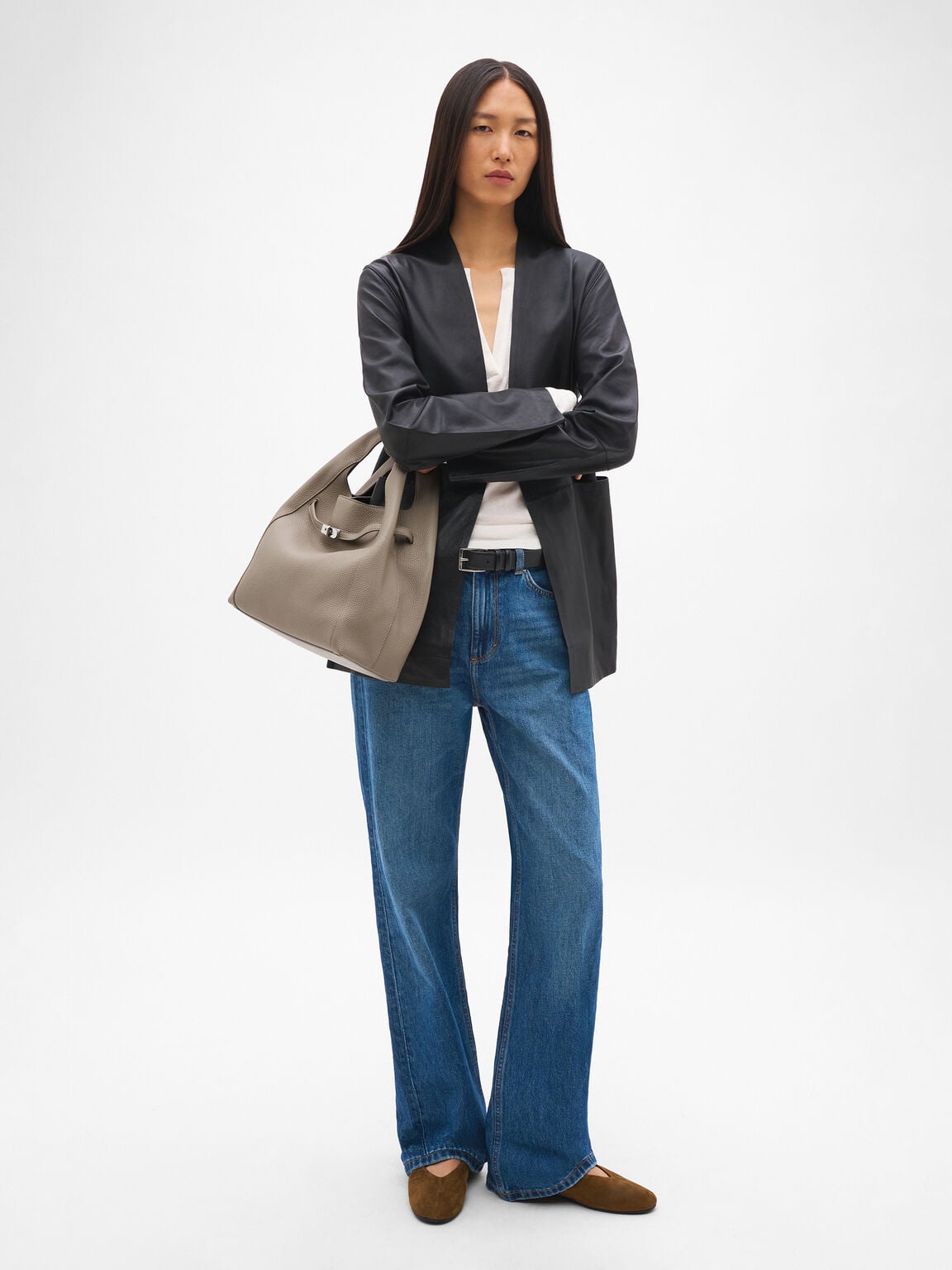 Danielle Large Leather Hobo Bag, Taupe Tumble
