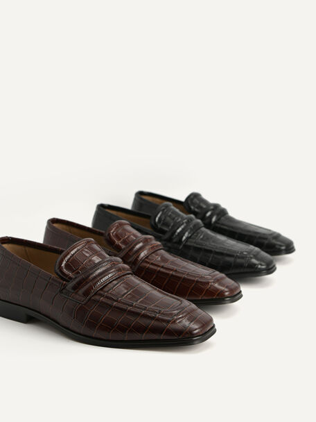 Croc-Effect Leather Loafers, Dark Brown
