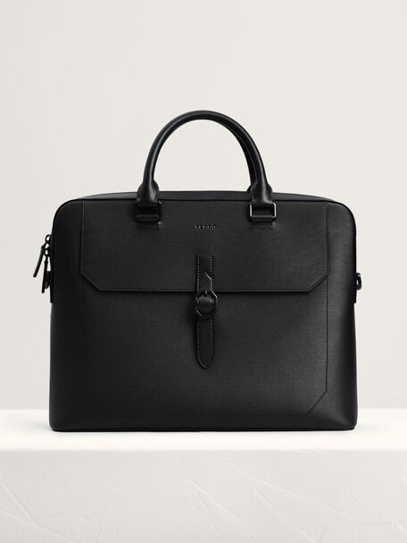 Leather Buckle Briefcase, Black