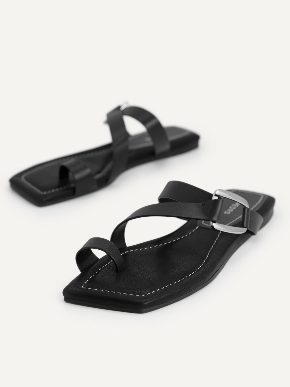Square-Toe Toe Loop Sandals, Black