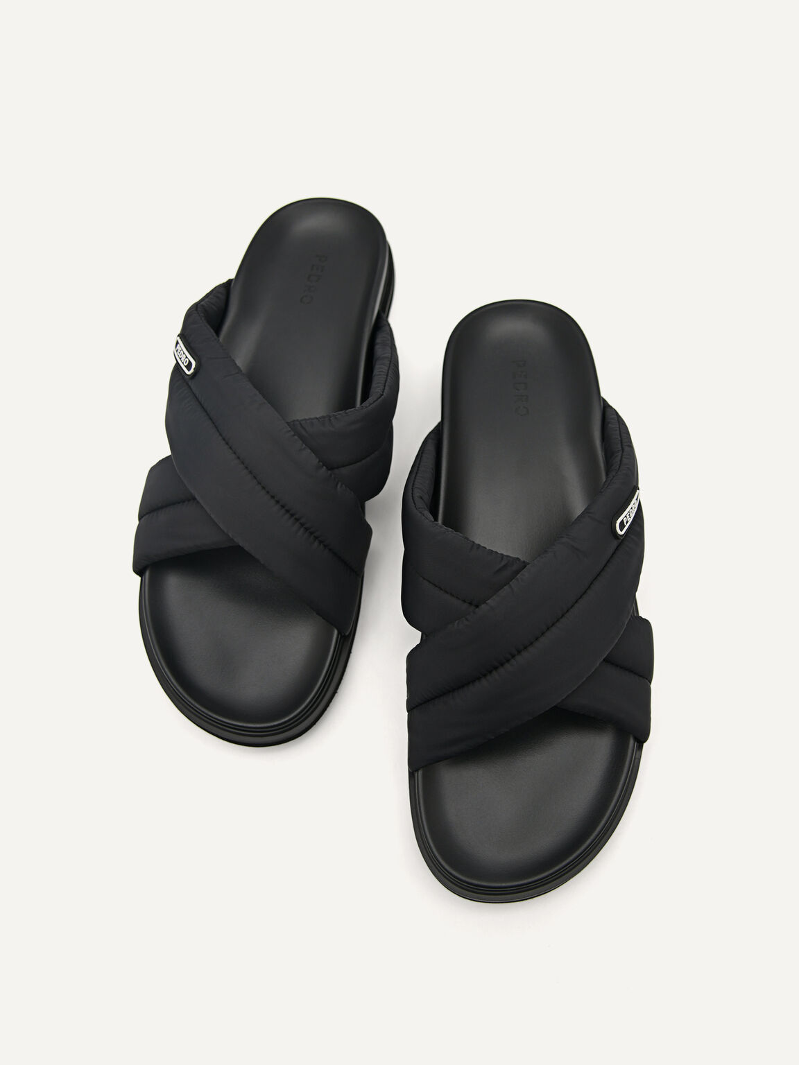 Nylon Puffy Cross-strap Sandals, Black