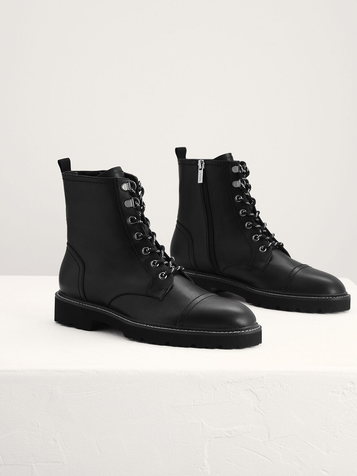 Lace Up Leather Ankle Boots, Black, hi-res