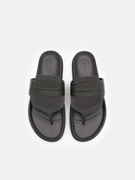 Suede Penny Thong Sandals, Dark Grey