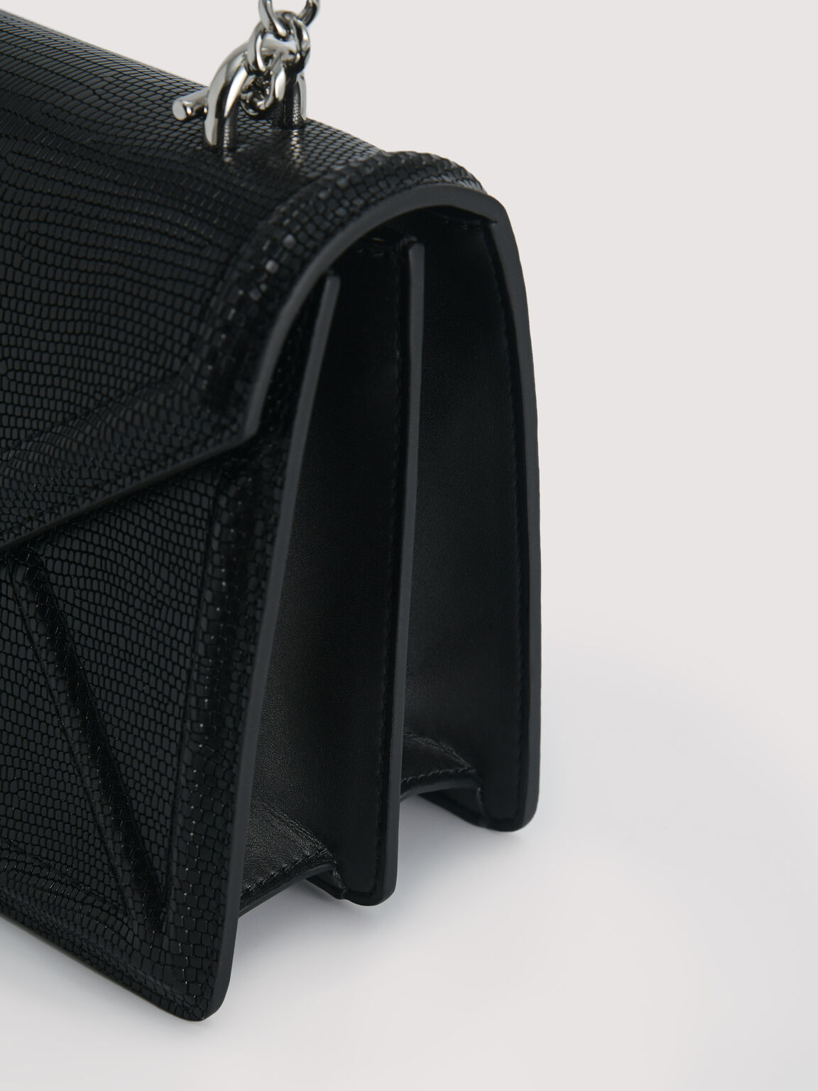 Lizard-Effect Leather Envelope Shoulder Bag, Black, hi-res