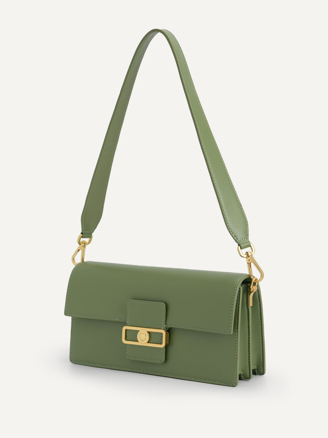 Shoulder Bag with Heart Clasp, Military Green, hi-res