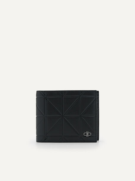 PEDRO標誌幾何圖案皮革雙折疊錢包配貼袋, 黑色